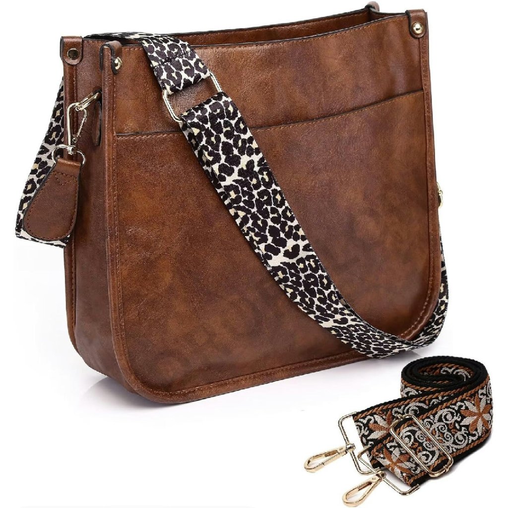 Vegan Leather Crossbody Bag With Guitar Strap Zipped Pockets Handbag Shoulder